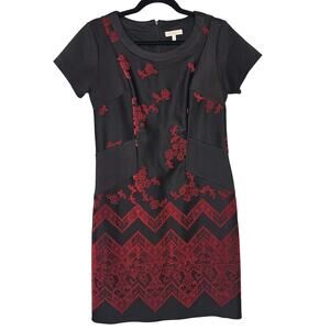 Halo Womens Size S Black Red Velvet Floral Sheath Mini Dress Gothic Office